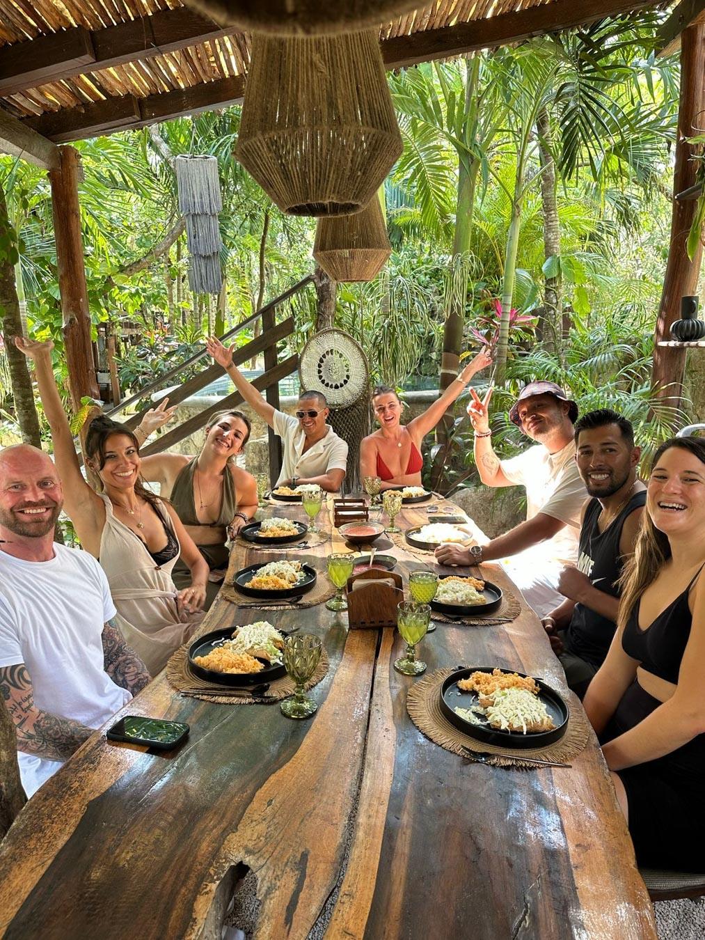 Group lunch during a spiritual retreat in nature